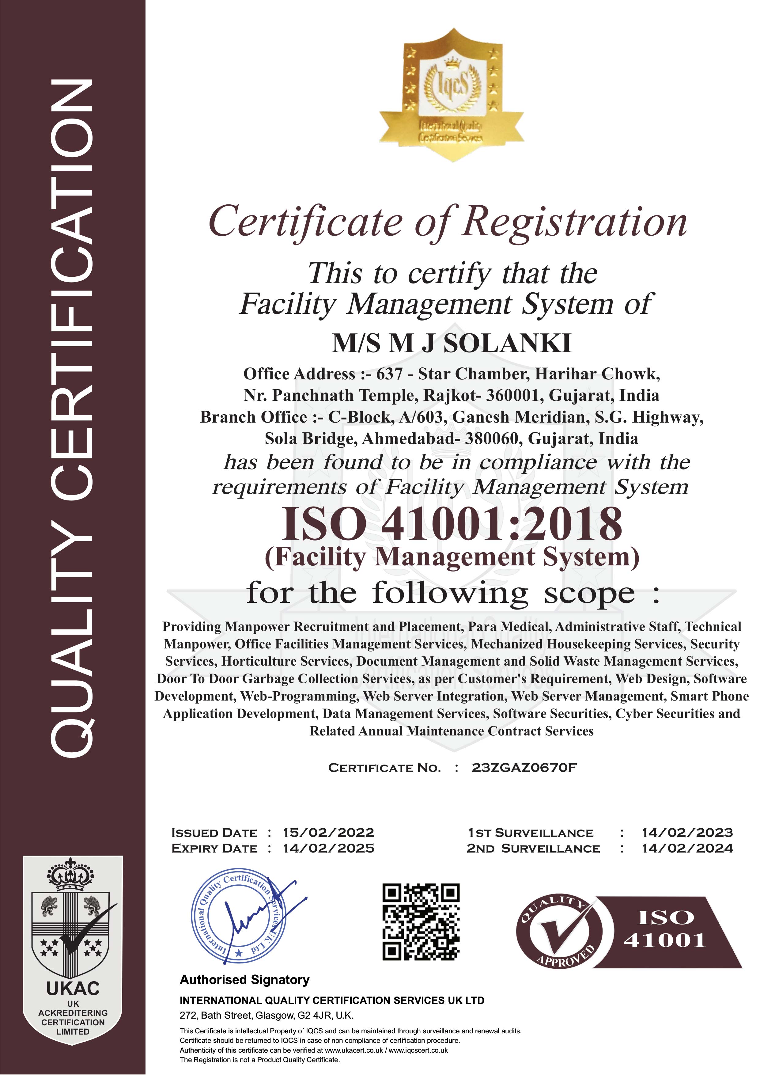 Facility Management System Certificate Image
